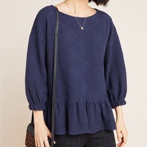 Anthropologie Maeve Navy Blue Peplum Puff Sleeve Blouse